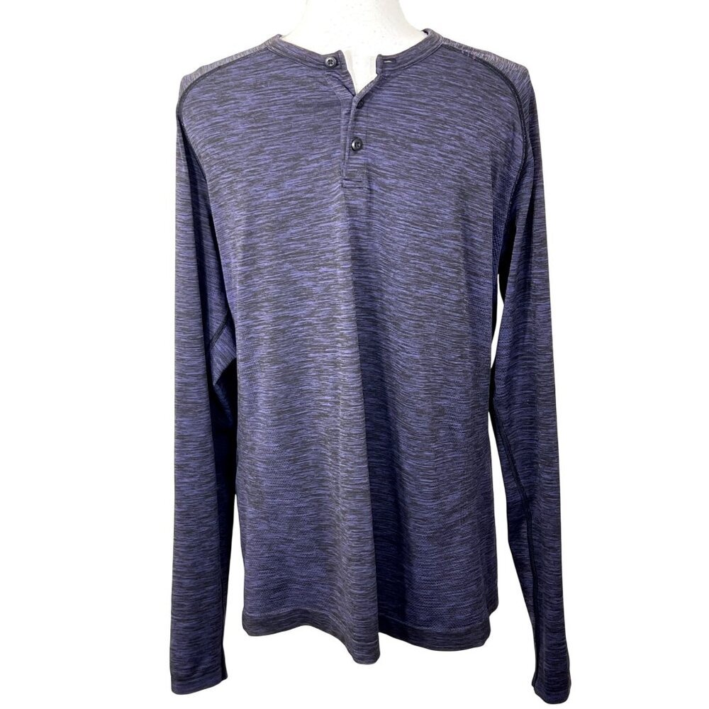 LULULEMON Men's Long Sleeve Henley Shirt Heathered Purple & Black Sz L EUC